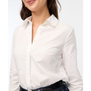 J Crew Poplin Pearl Collar Button Up Long Sleeve Work Shirt US Women's L New
